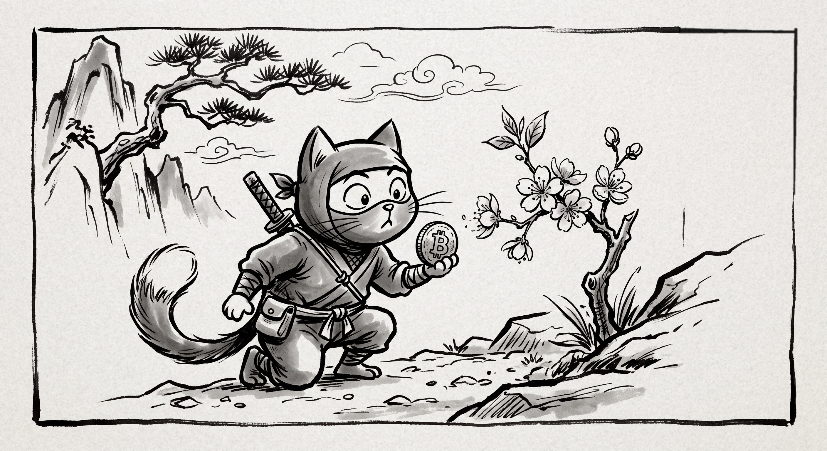 Ilustración: el gato ninja sostiene una moneda de bitcoin entre ramas en flor