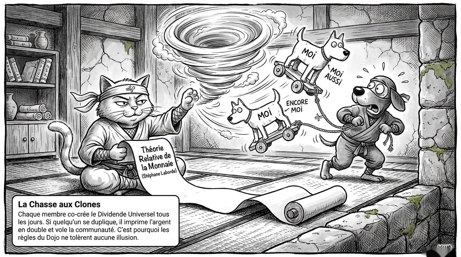 Viñeta: la caza de clones — cada miembro co-crea el Dividendo Universal todos los días