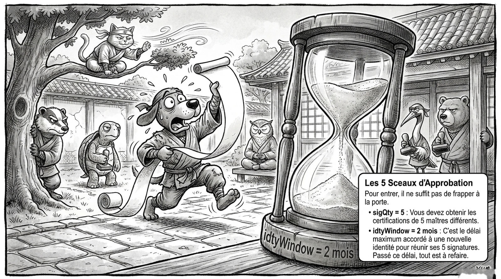 Viñeta: los cinco sellos de aprobación — sigQty = 5 y idtyWindow = 2 meses