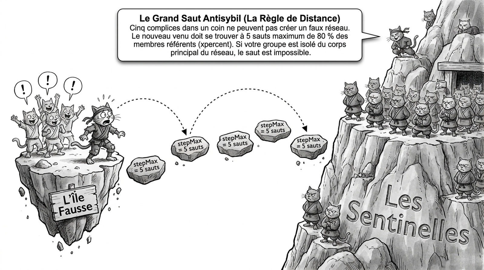 Viñeta: el gran salto antisibil — la regla de distancia, stepMax = 5 saltos