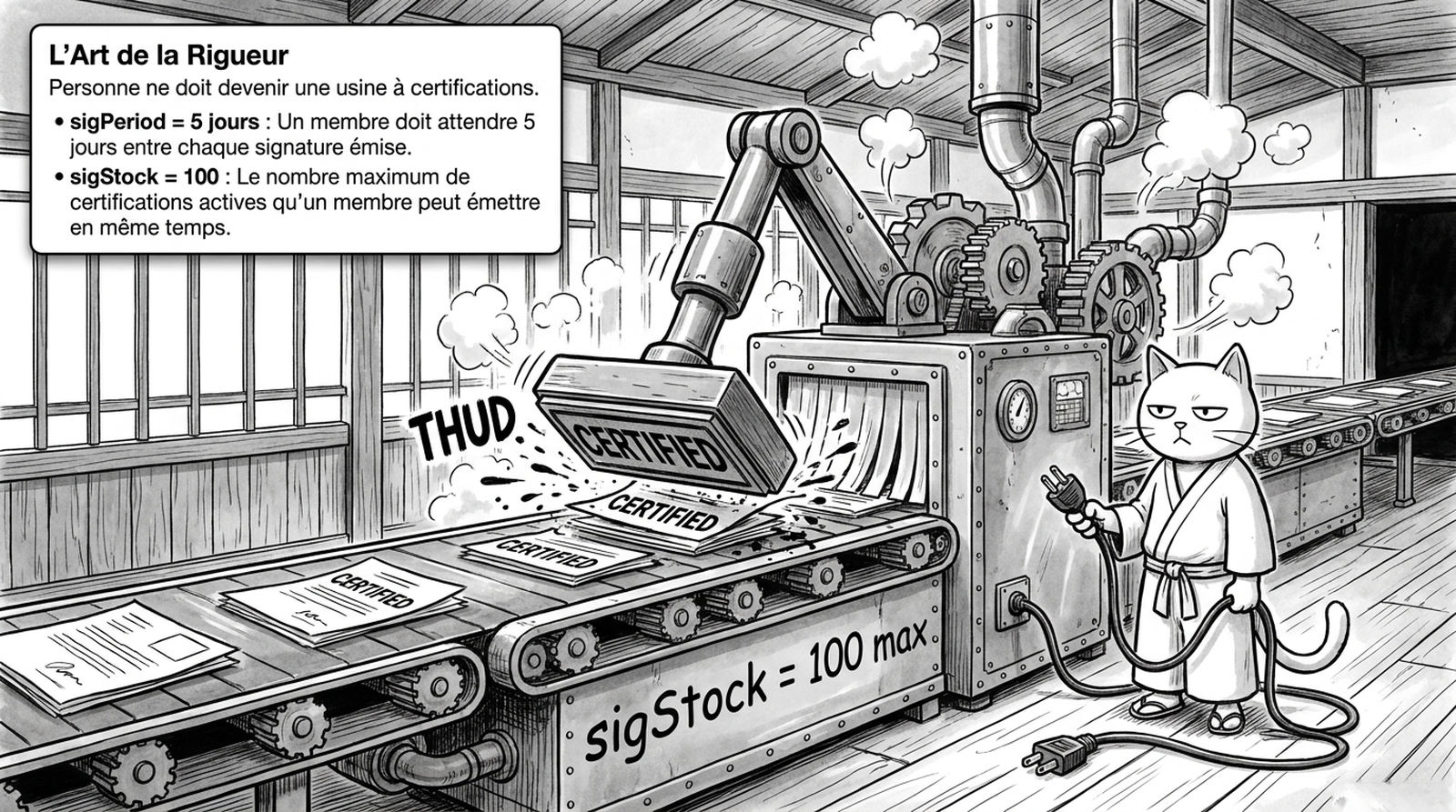 Viñeta: el arte del rigor — sigPeriod = 5 días, sigStock = 100 certificaciones activas máximo